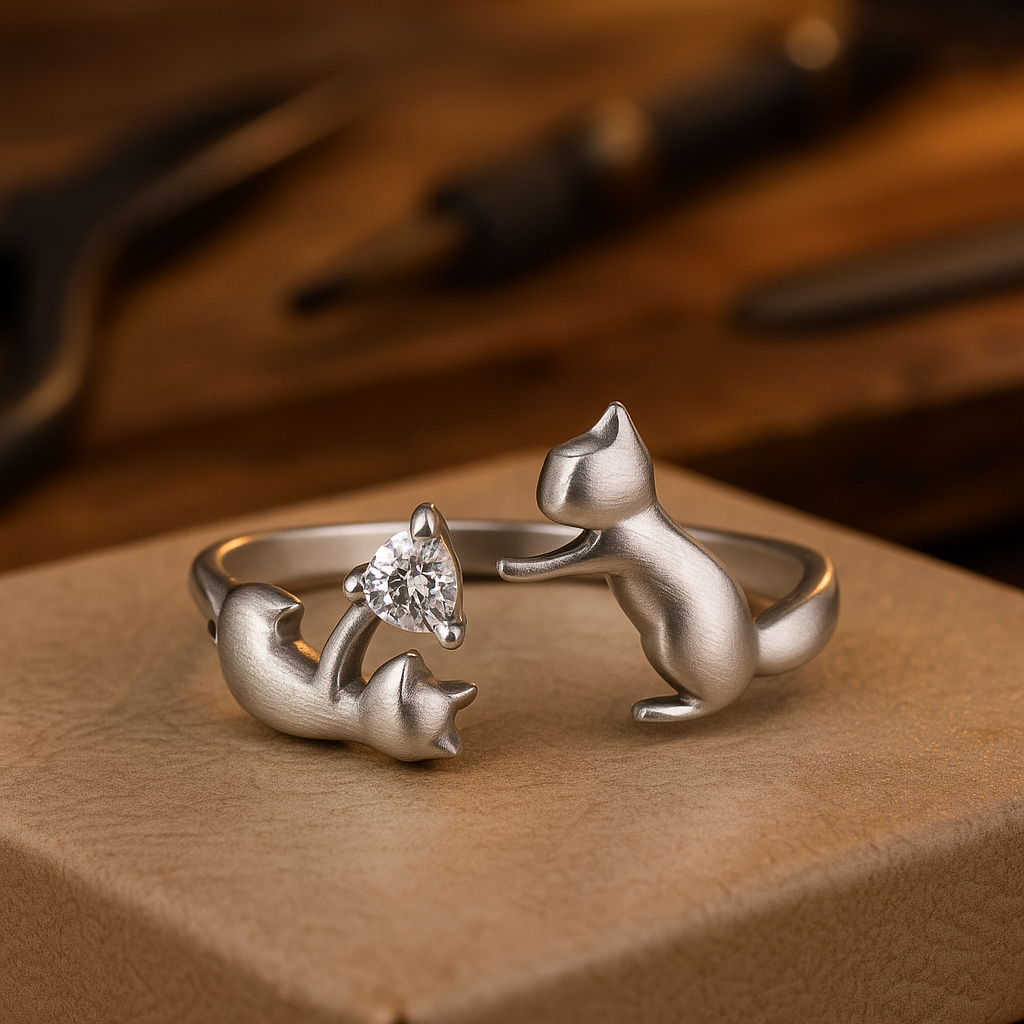 Bague ludique en argent sterling avec chat – réglable avec zircon