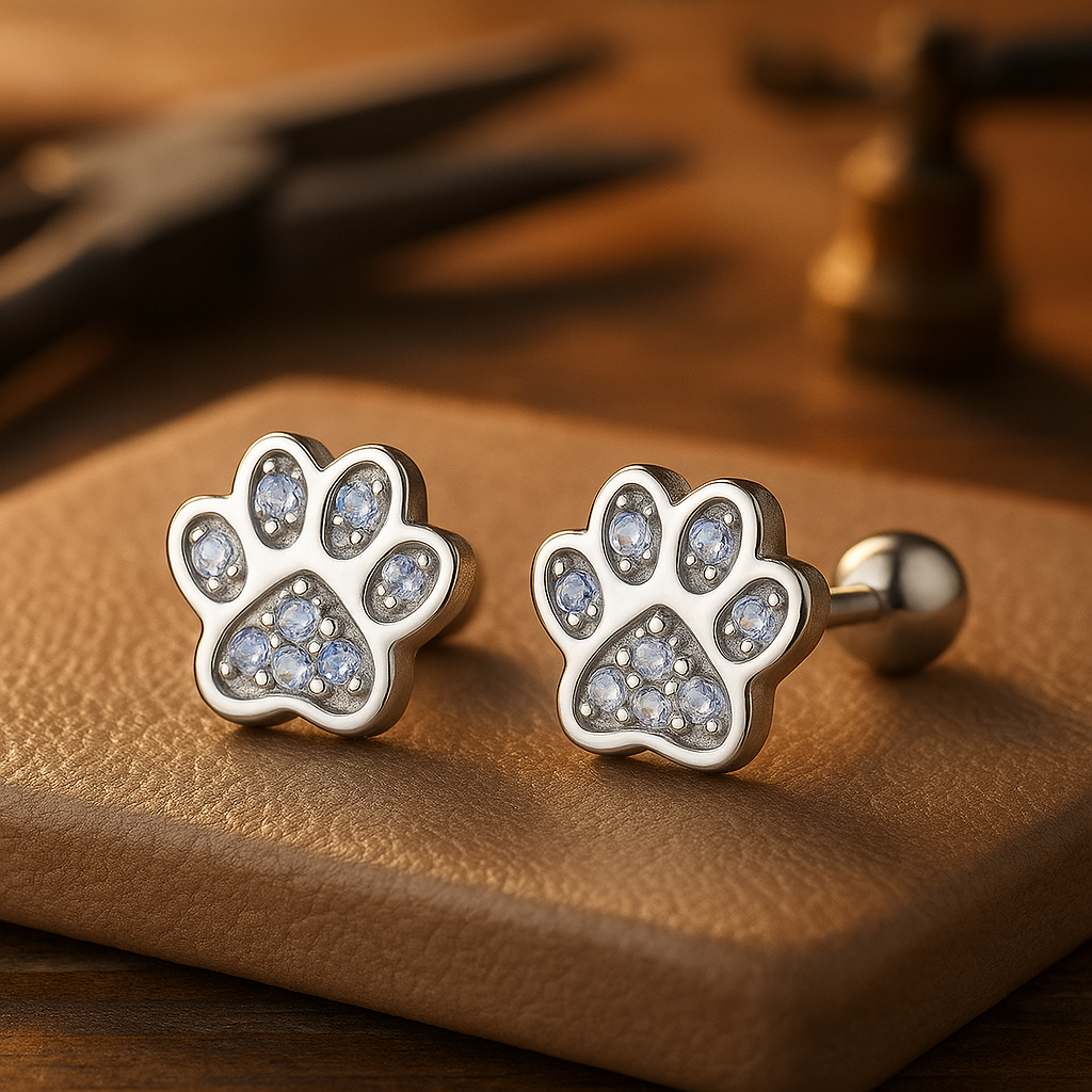 Boucles d'oreilles à empreinte de patte en argent sterling – avec accents de cristal