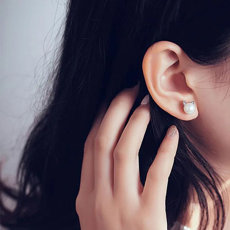 Boucles d'oreilles en argent sterling avec perles en forme de chat