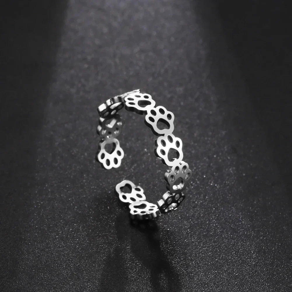 Bague en acier inoxydable en forme de patte – Bague réglable à motif animal pour femme