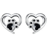 Boucles d'oreilles en forme de cœur avec empreinte de patte – Boucles d'oreilles en argent avec cristal noir