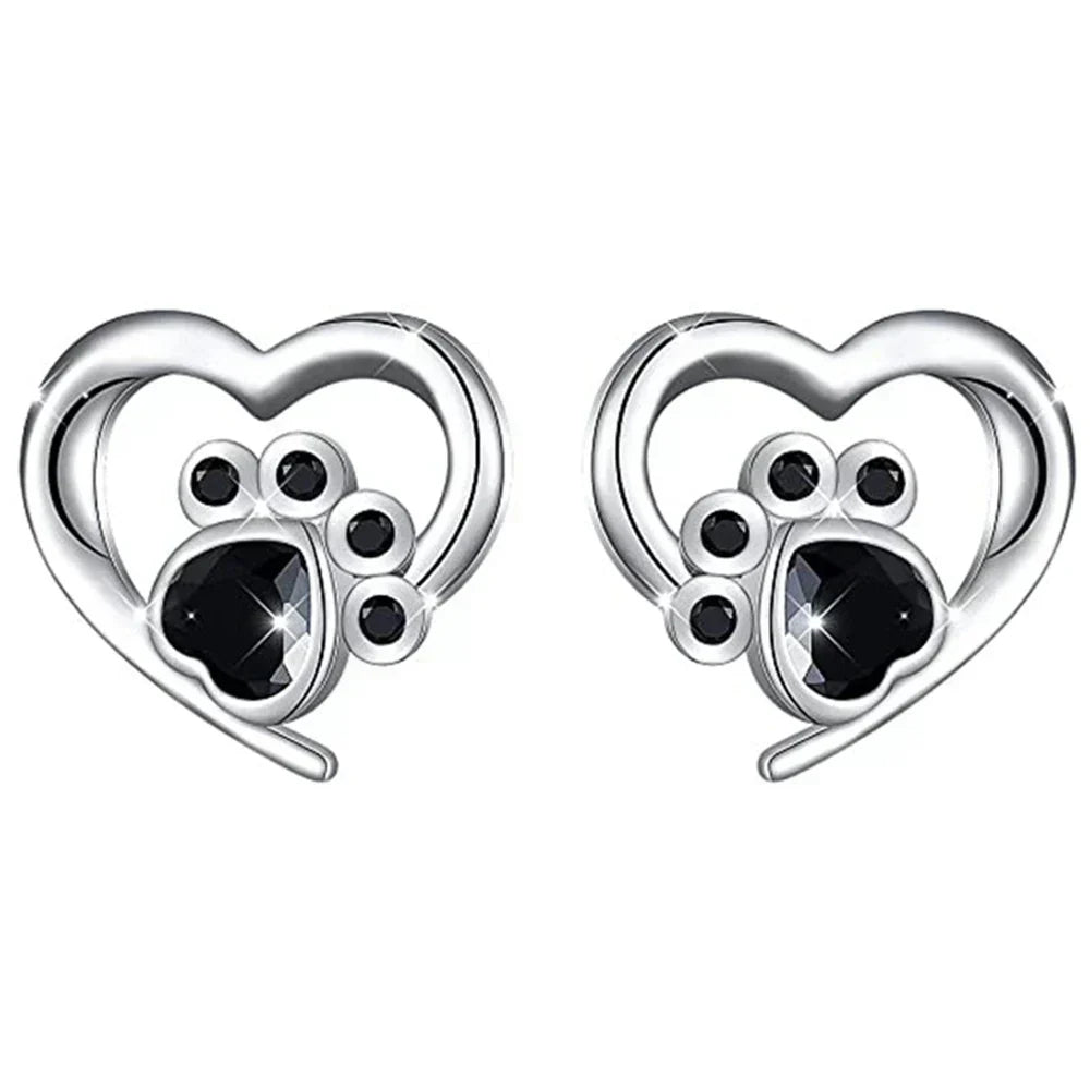 Boucles d'oreilles en forme de cœur avec empreinte de patte – Boucles d'oreilles en argent avec cristal noir