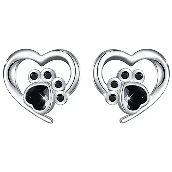 Boucles d'oreilles en forme de cœur avec empreinte de patte – Boucles d'oreilles en argent avec cristal noir