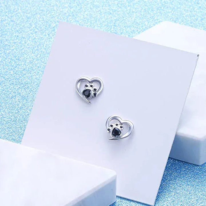 Boucles d'oreilles en forme de cœur avec empreinte de patte – Boucles d'oreilles en argent avec cristal noir