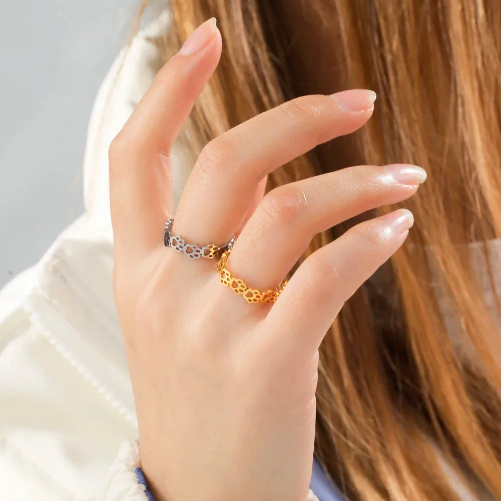 Bague en acier inoxydable en forme de patte – Bague réglable à motif animal pour femme