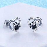 Boucles d'oreilles en forme de cœur avec empreinte de patte – Boucles d'oreilles en argent avec cristal noir