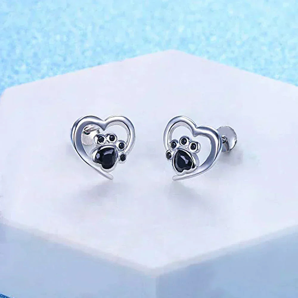 Boucles d'oreilles en forme de cœur avec empreinte de patte – Boucles d'oreilles en argent avec cristal noir