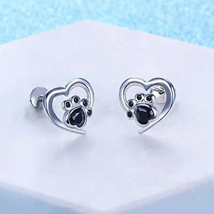 Boucles d'oreilles en forme de cœur avec empreinte de patte – Boucles d'oreilles en argent avec cristal noir