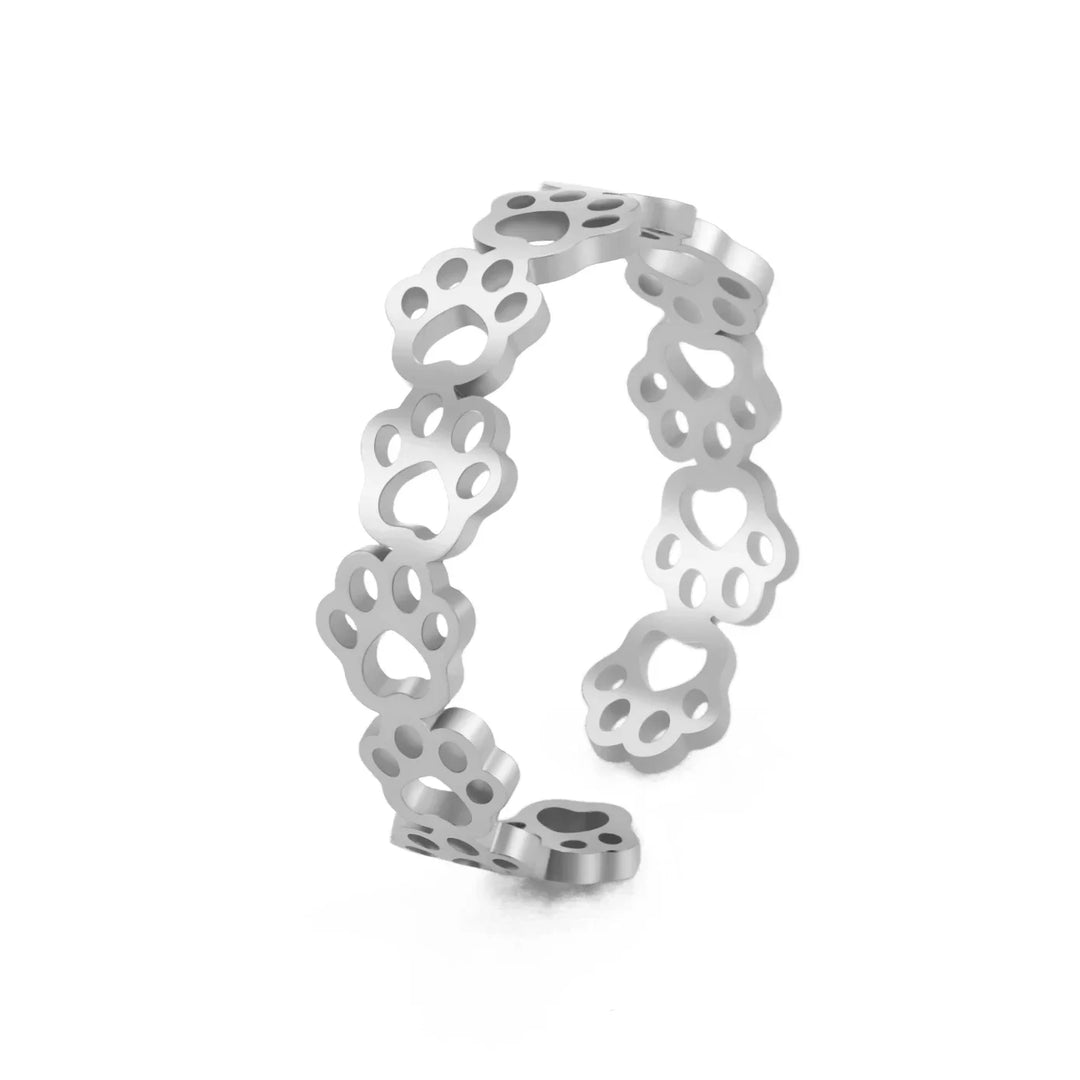 Bague en acier inoxydable en forme de patte – Bague réglable à motif animal pour femme