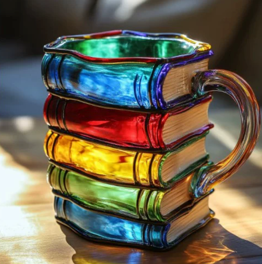 Tasse artisanale colorée sur le thème du livre