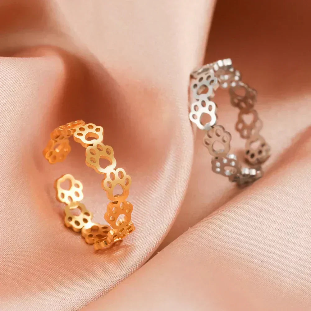 Bague en acier inoxydable en forme de patte – Bague réglable à motif animal pour femme