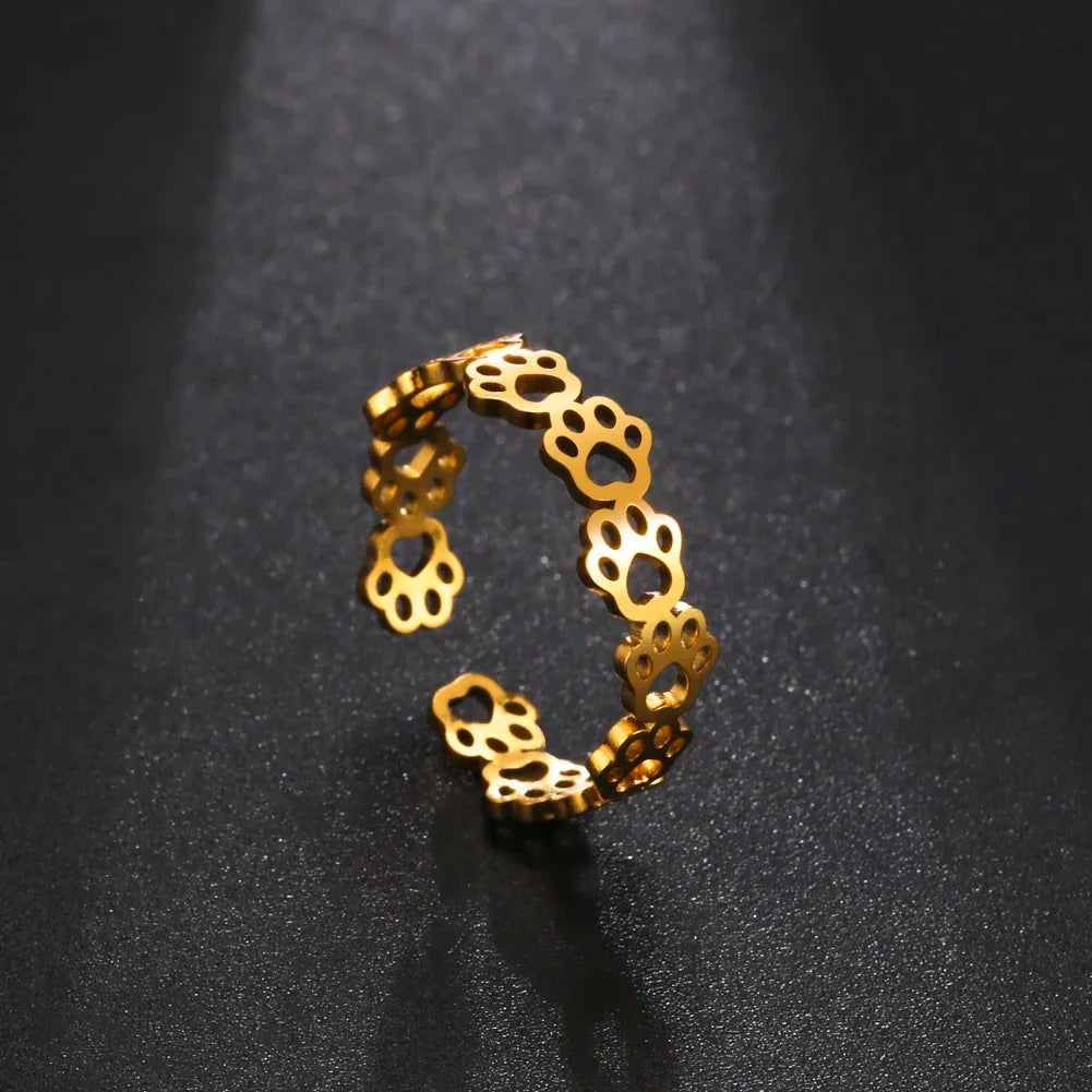 Bague en acier inoxydable en forme de patte – Bague réglable à motif animal pour femme