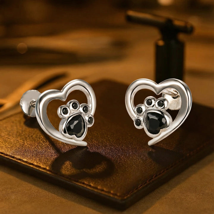 Boucles d'oreilles en forme de cœur avec empreinte de patte – Boucles d'oreilles en argent avec cristal noir